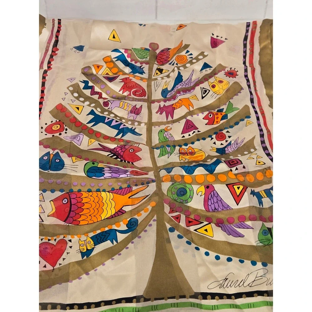 Laurel Burch Silk Scarf Tree of Life Whimsical Cats Birds Fish Rectangular Wrap